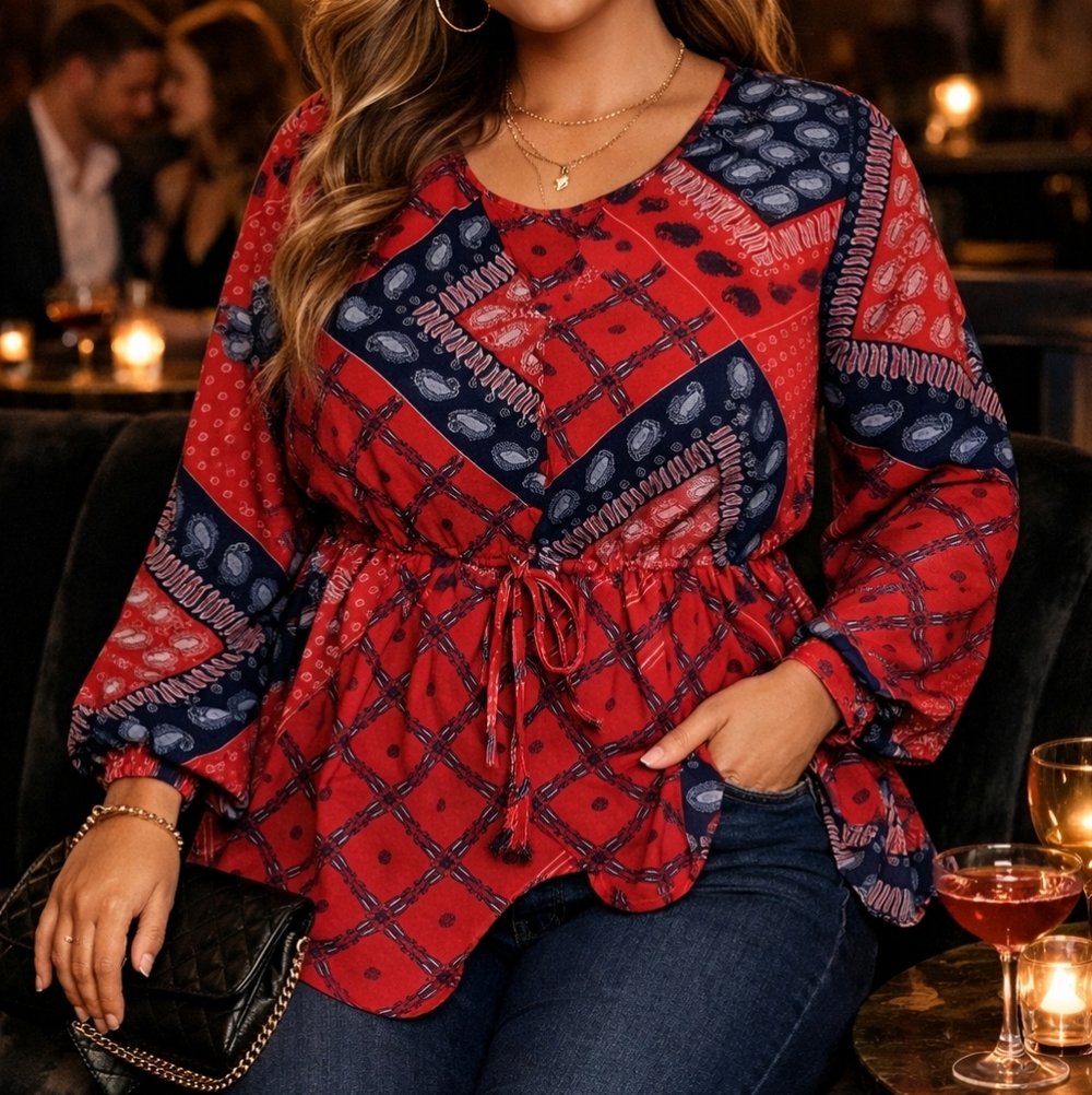 2X LANE BRYANT 2X Hankerchief Patchwork Tie String Long Sleeve Blouse